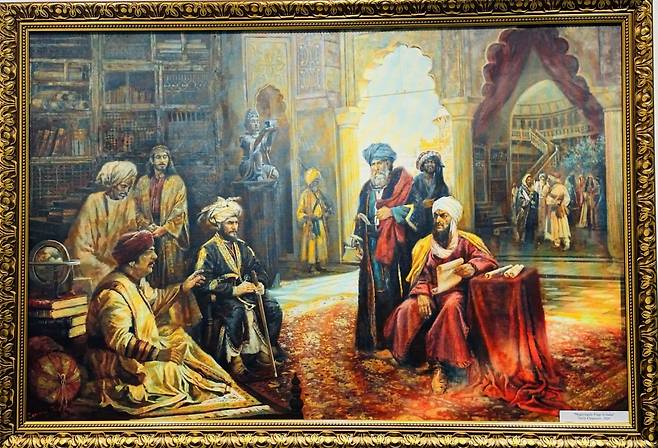 A painting featuring Magtymguly Fragi, a prominent Turkmen poet and philosopher, is on display by the Embassy of Turkmenistan at an event marking the 300th anniversary of his birth, at Yongsan Art Hall in Yongsan-gu, Seoul, Tuesday. (Sanjay Kumar/The Korea Herald).