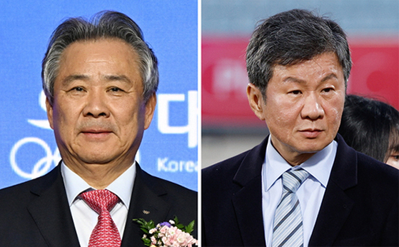 Korean Sports & Olympic Committee Head Lee Gi-heung, left, and Korea Football Association Chairman Chung Mong-gyu [YONHAP]