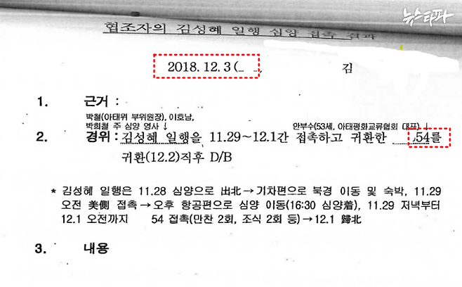 2018년 12월 3일자 국정원 보고서 1쪽. 블랙요원 김 씨가 작성했다. 협조자 안부수가 중국에서 김성혜, 이호남 등을 만나고 돌아와서 보고한 내용이다. 