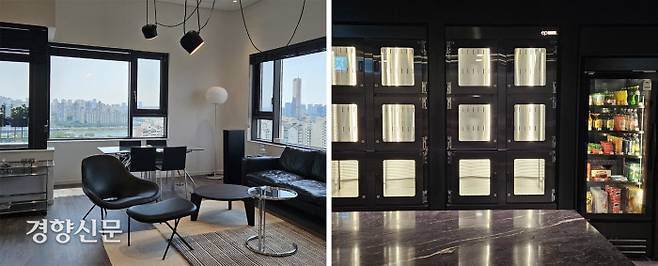 지난 29일 서울 용산구 한강대로에 문을 연 기업형 오피스텔 ‘에피소드 용산’ 견본주택 호실(왼쪽 사진). 공용공간에 마련된 와인셀러. 와인과 곁들일 음료나 간식을 제공하는 무인 F&B 자판기도 있다. 심윤지 기자
