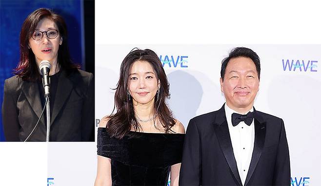 노소영(왼쪽부터) 아트센터 나비 관장, 김희영 티앤씨재단 이사장, 최태원 SK그룹 회장. [게티이미지, 연합]