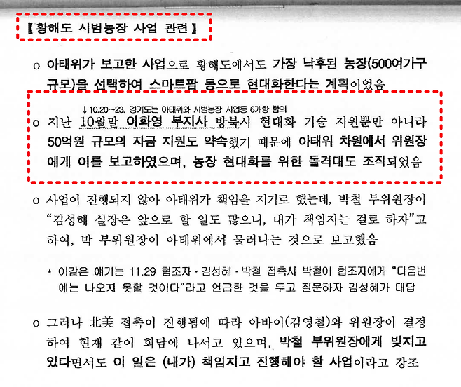 2018년 12월 31일자 국정원 2급 비밀 보고서 3쪽. 요원 김 씨가 작성했다. 김 씨는 지난해 법정에서 "이화영의 50억 자금 지원 약속은 말이 안 된다고 생각했다"고 진술했다. 평양에서 김성혜를 만난 협조자 안부수의 전언을 그대로 적었을 뿐이고, 실제로 이화영 부지사가 북측에 그런 약속을 했는지 추가로 확인은 하지 않았다고 한다.&nbsp;&nbsp;