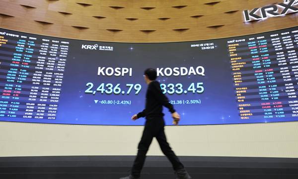 ▲ 1월17일, 서울 여의도 한국거래소 홍보관에서 한 시민이 전광판 앞을 지나는 모습. ⓒ 연합뉴스