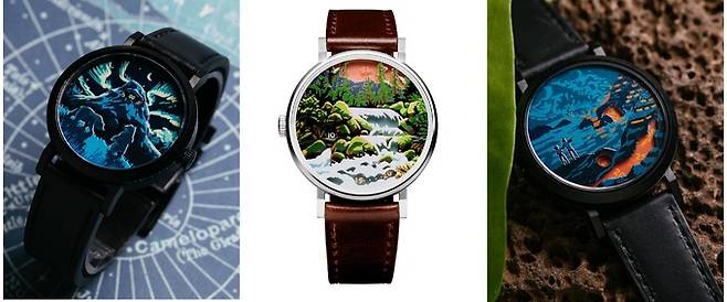 마이크로 시계브랜드 '아스테리스크'에서 출시한 다양한 점프아워 시계들. 알래스카의 하늘과 하와이 화산, 워싱턴 올림픽국립공원 노을 등을 표현했다.