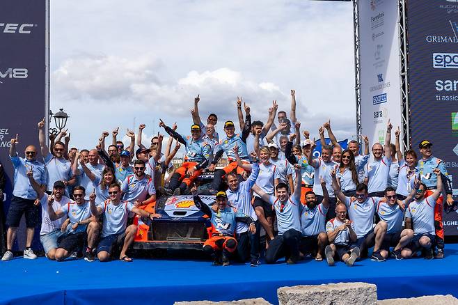 The Hyundai World Rally Team celebrates its third victory of the season on Sunday at the Rally Italia Sardegna in Sardinia, Italy. (Hyundai Motor Group)