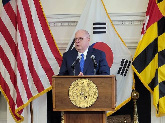 미주 한인의 날 120주년 기념식서 축사하는 래리 호건 주지사 [연합뉴스 자료사진]