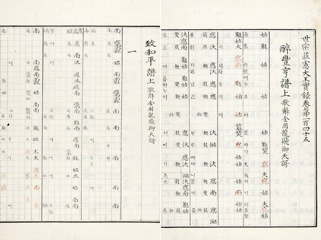 The music scores for King Sejong's "Chihwapyeong" (left) and "Chwipunghyeong" (National Institute of Korean History)