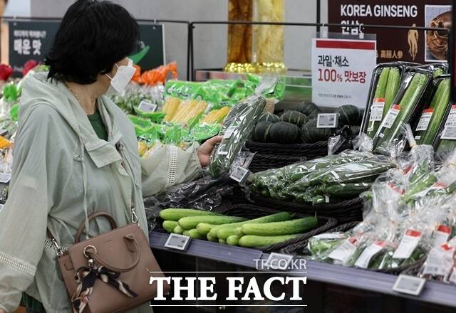 식품 업계가 6월 들어 음료·과자·조미료 등 제품 가격 인상을 잇달아 단행한 가운데 지난달 27일 서울 시내 대형마트를 방문한 한 소비자가 채소 코너를 살펴보고 있다. /뉴시스