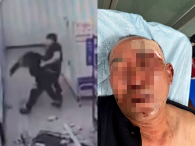 폭행 당시 편의점 내부 CCTV 화면(왼쪽)과 폭행을 말리다 다친 50대 피해자. [연합뉴스]