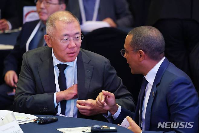 [서울=뉴시스] 최진석 기자 = 정의선 현대자동차그룹 회장이 5일 서울 중구 롯데호텔에서 열린 2024 한-아프리카 비즈니스 서밋에 앞서 참석자와 대화를 나누고 있다. 2024.06.05. myjs@newsis.com