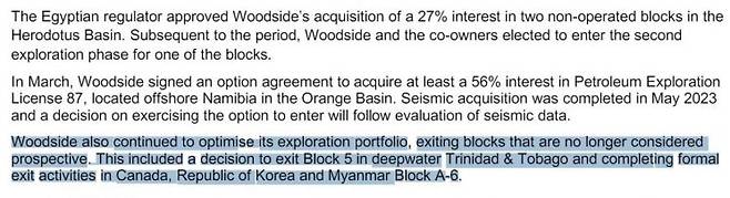 호주 우드사이드 에너지의 2023년 반기 보고서 캡처.