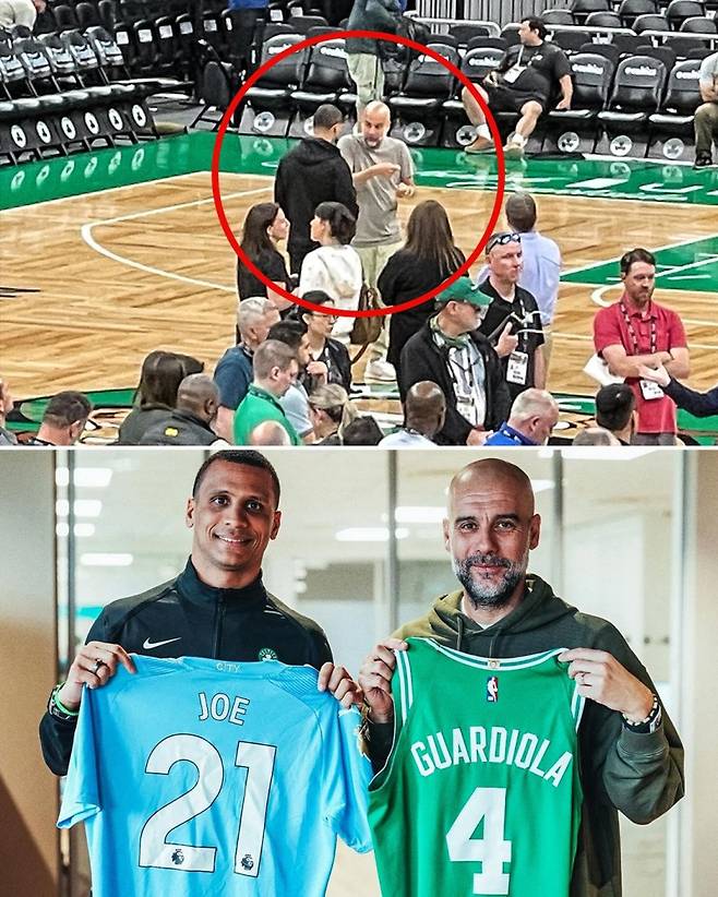 위 사진은 TD 가든에서 조 마줄라 보스턴 감독과 대화 중인 펩 과르디올라 맨시티 감독의 모습. 아래 사진은 지난 2월 맨시티 훈련장에서 기념 유니폼을 교환한 두 감독의 모습. 사진=ESPN NBA SNS