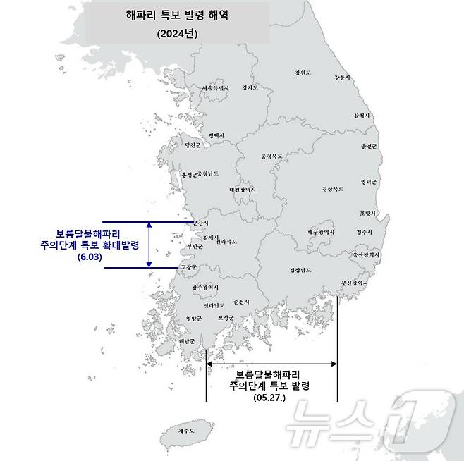 보름달물해파리 주의단계 특보 발령 해역.(전남도 제공) 2024.6.7/뉴스1