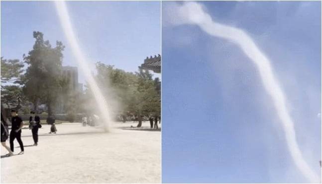 경복궁 흙바닥에서 모래바람이 불며 회오리가 하늘 높이 솟구치는 모습이 담겼다. /사진=인스타그램 캡처