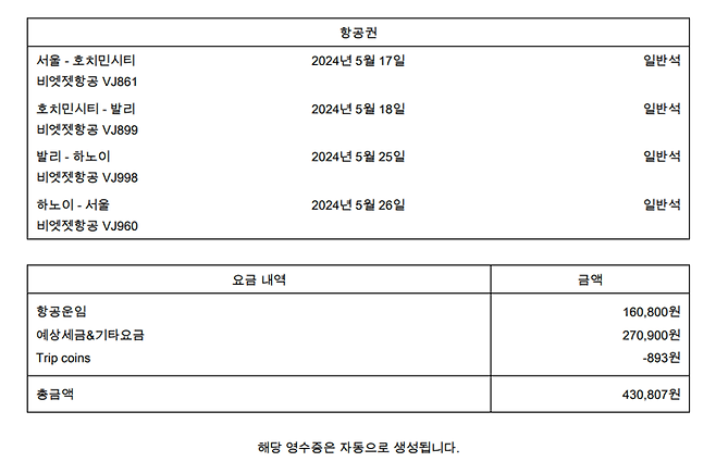 발리 티켓 영수증. 항공운임은 왕복 16만원, 여기에 유류세와 기타 비용이 붙어서 43만원.