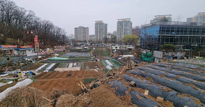 서울 서초구 방배동 고층 아파트 근처에 있는 판자촌 성뒤마을 전경 [매경DB]