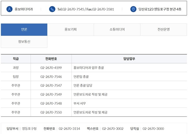 ▲ 공무원들 실명을 없앤서울 영등포구청 누리집 갈무리