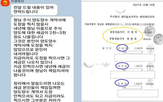 김한배는 "이광득 대표가 저와 정연호에게 '주식 명의 신탁이 해지돼 제3자에게 양도한 것으로 신고됐다'면서 주식양수도계약서에 도장을 찍으라고 강요했다"고 밝혔다. 생각엔터테인먼트는 2017년 12월 설립 당시 자본금 3000만원에 주식 6000주를 발행했다. 이광득 대표가 2040주(34%) 정연호와 김한배가 각각 1980주(33%)를 보유했던 것으로 확인됐다. /김한배 제공