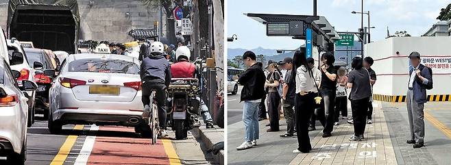 2018년 4월 서울 종로 자전거전용도로 개통 직후 택시와 오토바이, 자전거가 엉켜 혼잡한 모습. 이 일대는 현재도 사실상 영업용 오토바이 주차장이 돼 자전거 정상 주행이 불가능한 상태다. 오른쪽 사진은 지난 5일 종로구 한 버스 정류장 뒤편에 설치된 '자전거 전용도로'의 모습. 버스를 기다리는 시민들이 자전거전용도로를 차지해 자전거 주행이 사실상 불가능하다. /김지호·김병권 기자