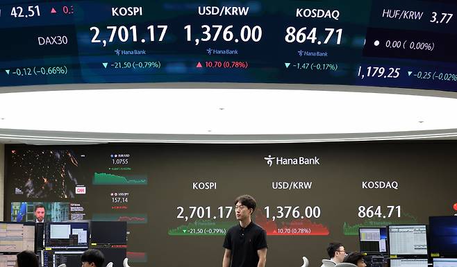 10일 오후 서울 중구 하나은행 딜링룸 전광판에 지수가 표시되고 있다./사진=뉴시스.