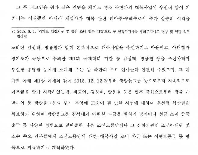 안부수 아태협 회장에 대한 1심 판결문(2022고합882). 판결문 3~4쪽에 '대북 송금' 사건에 대한 경위가 적혀 있다.&nbsp;