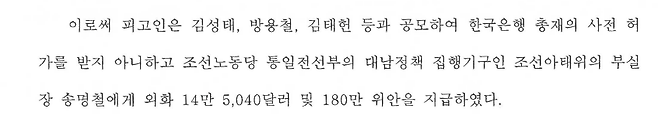 안부수 아태협 회장에 대한 1심 판결문(2022고합882). 6쪽에 안부수와 김성태가 외화 밀반출 공범으로 적시돼있다.&nbsp;그러나 이화영 사건 재판부는 이 부분을 무죄로 판단했다.