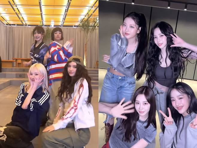 그룹 뉴진스와 에스파가 함께 댄스 챌린지를 진행했다. SM엔터테인먼트, 어도어 SNS 계정 캡처