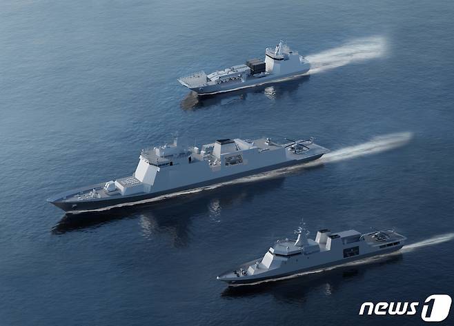 HD현대중공업이 페루로부터 수주한 3400톤급 호위함(가운데), 2200톤급 원해경비함(아래), 1400톤급 상륙함의 조감도(HD현대 제공) ⓒ News1