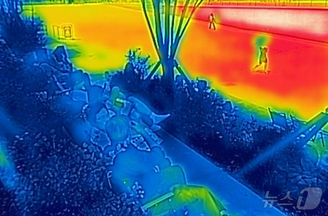 전국 대부분 지역의 낮 최고 기온이 30도에 이르며 더위가 이어진 10일 서울 종로구 광화문광장에서 시민들이 그늘 아래에서 휴식을 취하고 있다. 열화상카메라 화상은 온도가 높을수록 붉은색으로 나타나며 상대적으로 온도가 낮은 곳은 푸른색으로 나타난다. (열화상 카메라 촬영) 2024.6.10/뉴스1 ⓒ News1 김도우 기자