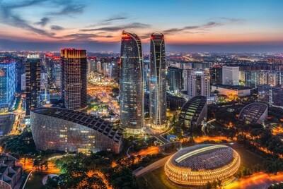 Night aerial view of twin towers of the Tianfu International Financial Center