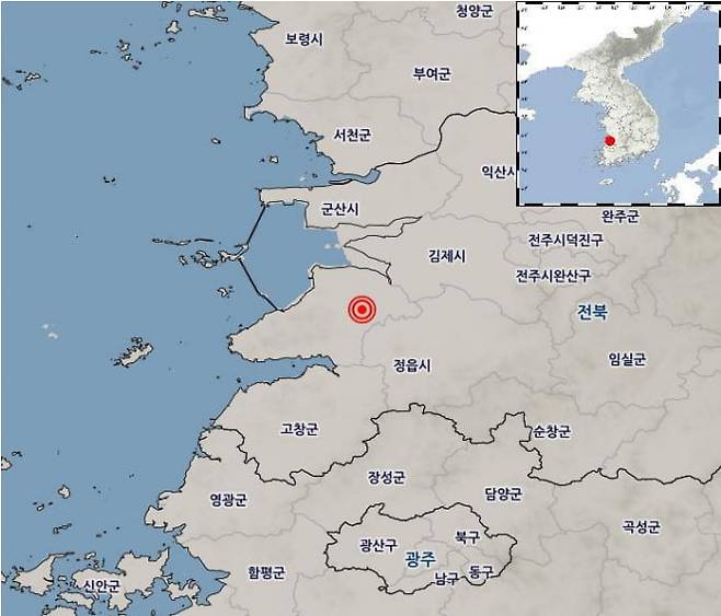 12일 오전 8시 26분 49초 전북 부안군 남남서쪽 4km 지역에서 규모 4.7의 지진이 발생했다. / 기상청