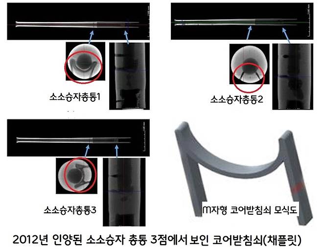 2012년 인양된 소소승자총통에도 다른 소승자총통에서 확인되는 코어받침쇠의 흔적이 보였다. 진품이라는 명백한 증거이다.|허일권 학예사 제공