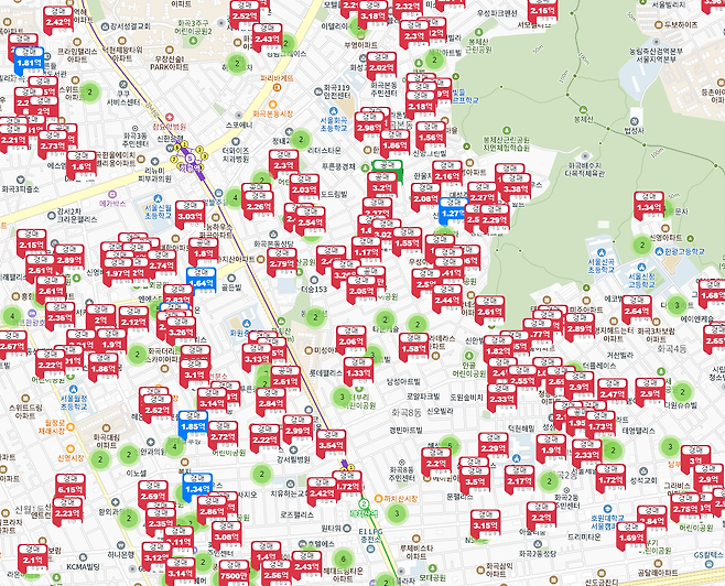 온라인 경매 정보 사이트 ‘경매지도’에서 서울 강서구 화곡동 일대를 캡처한 장면. 전세사기 피해로 인한 경매 물건이 많다.ⓒcourtauctionmap.com 갈무리