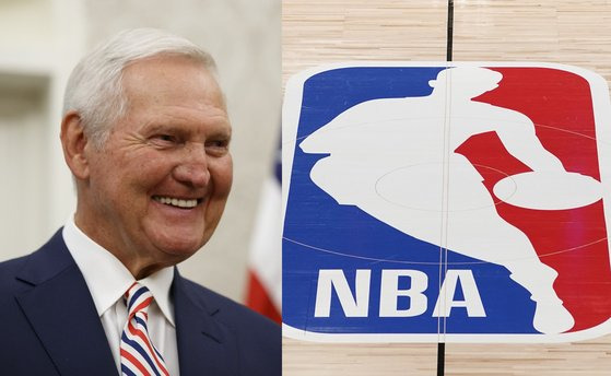 미국프로농구(NBA)의 전설적 스타였던 제리 웨스트와 그를 본떠 만든 것으로 알려진 NBA 로고. AP=연합뉴스