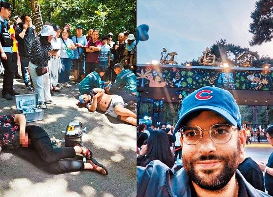 지난 10일 낮 중국 지린시 베이산 공원에서 발생한 미국인 강사 흉기 피습 현장(왼쪽). 오른쪽 사진은 이번 사건에서 부상을 입은 데이비드 자브너 코넬 칼리지 강사. 홍콩 성도일보 캡처