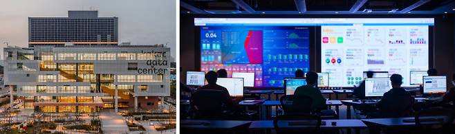 카카오가 지난 11일 언론에 공개한 경기 안산시 한양대 에리카캠퍼스 내 ‘데이터센터 안산’ 전경(왼쪽)과 운영을 통제하는 종합상황실 모습. 카카오 제공
