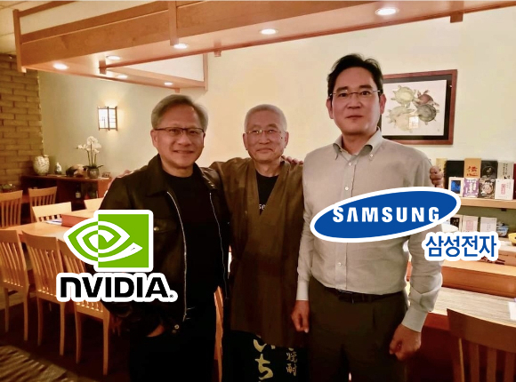 젠슨 황(왼쪽 첫 번째) 엔비디아 최고경영자(CEO)와 만난 이재용(오른쪽 첫 번째) 삼성전자 회장. [사와스시 페이스북]