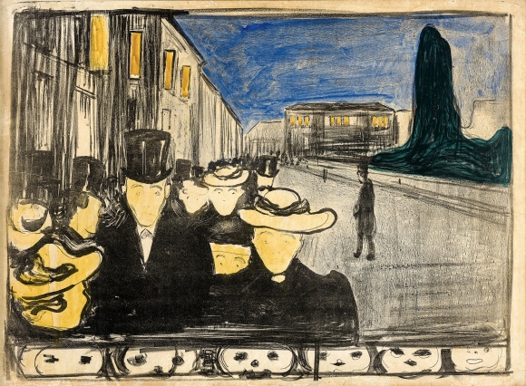 뭉크, ‘카를 요한 거리의 저녁’ 1896-1897, 채색 석판화, 40.3x60.2cm, 개인 소장.