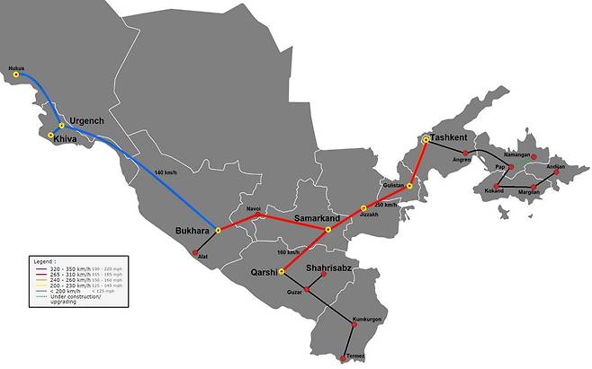 우즈베키스탄 고속철도 노선도.(국토교통부 제공)