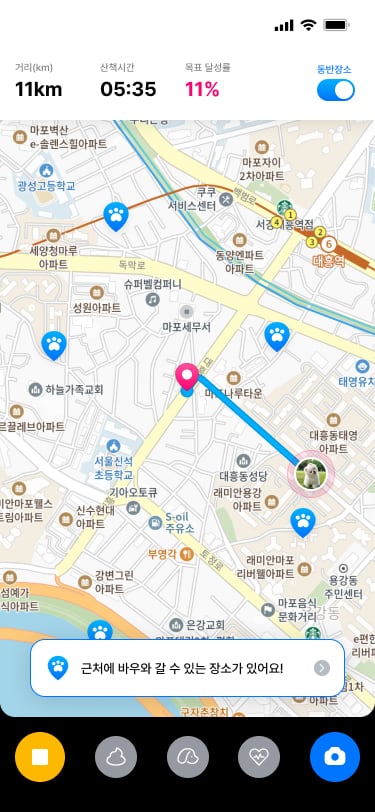 펫런의 앱 구동 이미지. 반려견에게 필요한 산책 시간, 거리 등을 안내한다. /펫런 제공