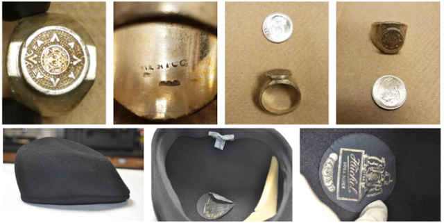 2003년 5월 11일 워싱턴 호텔 성폭행 사건 현장에서 발견된 반지(위 사진), 2002년 12월 1일 메릴랜드주 호텔 성폭행 사건 현장에서 발견된 검은색 베레모. FBI 설명에 따르면, 조사관들은 반지 문양이 독특해 가족의 가보일 수 있다고 보고 있다. FBI 홈페이지 캡처