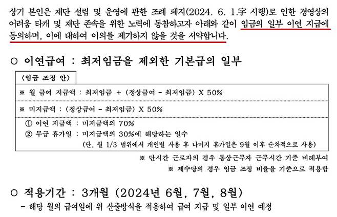 ▲ TBS 측이 구성원들에게 제시한 '급여 이연 지급 동의서' 일부