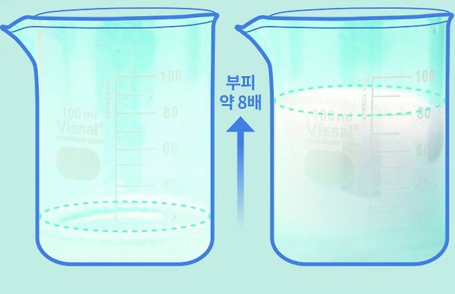 풋샴푸가 액체일 때 vs 거품일 때 풋샴푸는 거품 형태로 분사된다는 특징이 있다. 같은 양의 풋샴푸를 액체일 때와 거품일 때 부피를 비교해 봤다. 액체일 때보다 거품일 때 부피가 8배 더 크다. 이렇게 액체 상태에 비해 부피가 큰거품은 큰 면적에 세제를 바르는 데 용이해 세정과정을 단축할 수 있다. 거품의 부피는 온도, 습도, 용기에서 나가는 분사속도 등에 따라 달라진다. 권용진 경성대 화장품학과 교수는 "거품의 제형과 세척 성능은 무관하다"고 말했다. 그는 "연구개발 과정에선 소비자들이 원하는 거품 제형을 만들기 위해 여러 종류의 지방산을 조합한다"고 말했다. 과학동아 제공