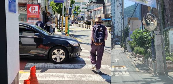 행인이 횡단보도를 점령하고 있는 차량 때문에 도로 쪽으로 돌아서 지나가고 있다. 오른쪽 사진은 부산 서구 서대신동 일방통행로 사거리에 설치된 볼록거울.