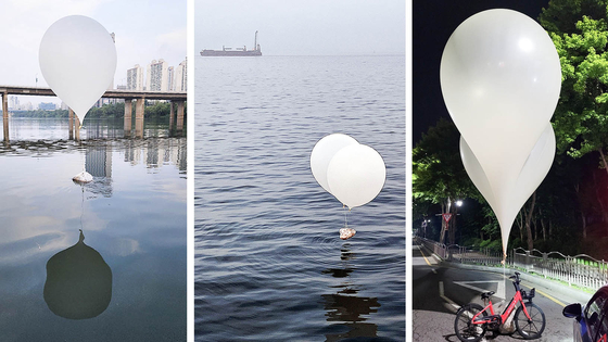 From left, waste balloons sent by North Korea are seen near Jamsil Bridge, the coast off of Incheon and Geumcheon-dong in Paju, Gyeonggi. [YONHAP]