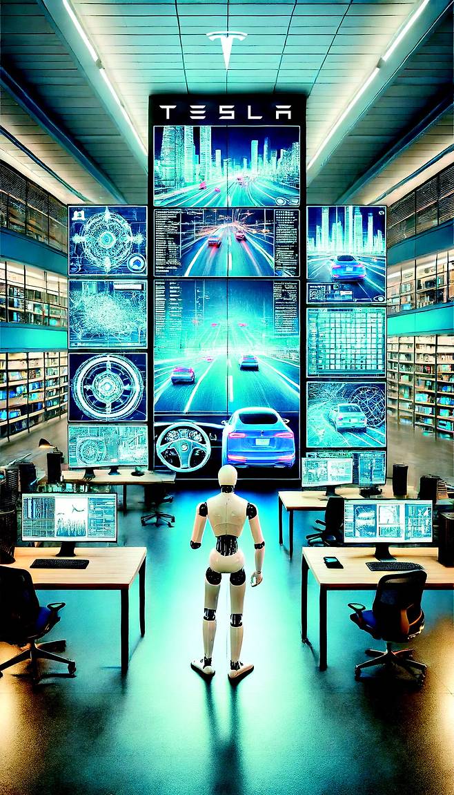 가상의 인공지능(AI) 학습모델이 방대한 합성데이터를 적극 활용해 자율자동차 사고 위험 분석에 집중하고 있는 모습을 생성형 인공지능을 활용해 그렸다.  챗GPT