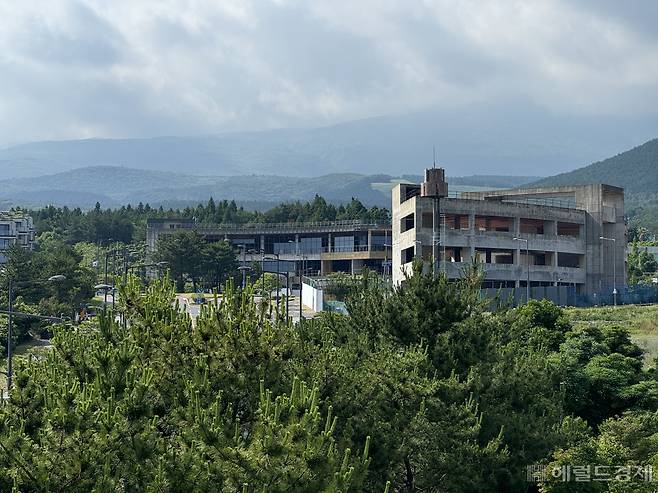 지난 3일 찾은 제주 서귀포시 동홍·토평동 일대 헬스케어타운 일대 모습. 웰니스몰 건물이 완공되지 않은 상태로 방치돼 있다. 신혜원 기자