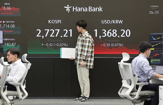 서울 중구 하나은행 본점 딜링룸 모습.[연합]