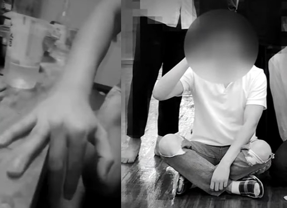 여고생을 성폭행한 모 연기학원 대표 A 씨가 속옷 차림으로 무릎을 꿇고 사과하고 있다. 오른쪽은 연기학원 단체 사진 속 A 씨의 모습. (JTBC '사건반장')