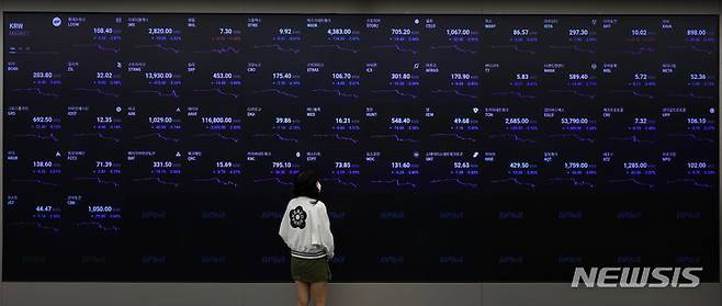 [서울=뉴시스] 이영환 기자 = 개당 가격이 1억원을 넘겼던 비트코인이 하락세를 보이며 8000만원 대를 보이고 있는 2일 오전 서울 강남구 업비트 고객센터 전광판에 코인들의 시세가 표시되고 있다. 2024.05.02. 20hwan@newsis.com